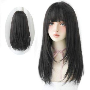 Long Black Straight Hair Wig with Bangs Synthetic High Density Long Hair